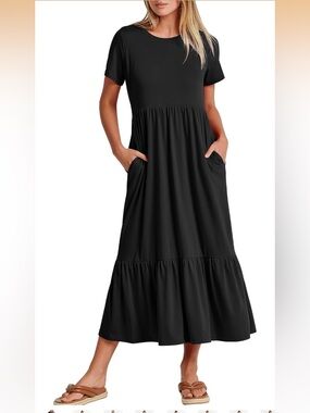 Black Short-Sleeve Tiered Midi Dress - Women - Large